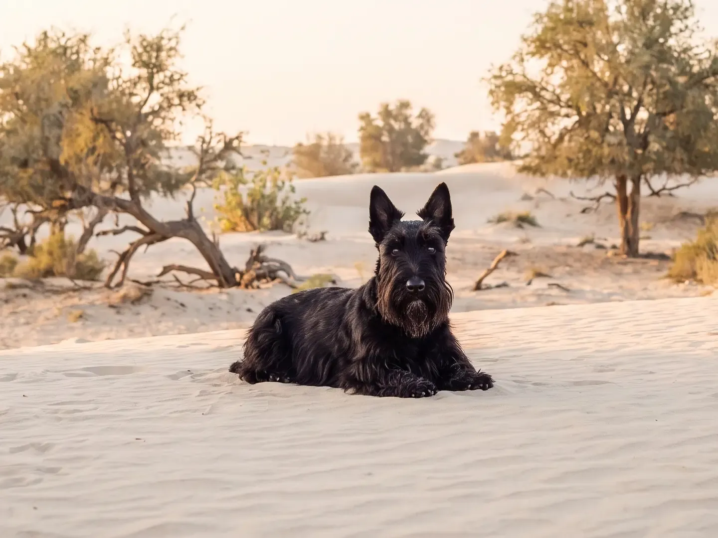 Scottish Terrier in Dubai, a black adult lying with head up on pale desert sand among ghaf trees
