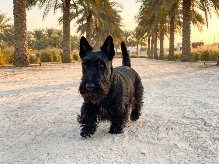 Scottish Terrier in Dubai, a black adult trotting along a sandy path lined with date palms at dawn