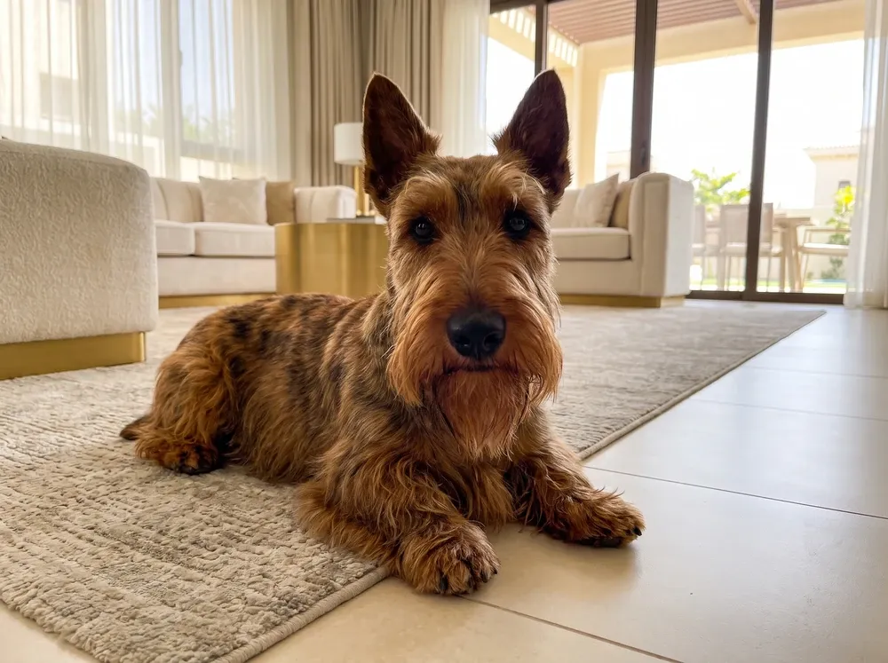 Scottish Terrier, a red brindle adult lying on a stone-coloured rug in a bright living room