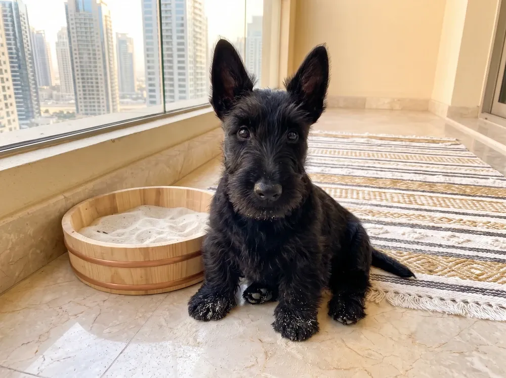 Scottish Terrier in Dubai, a black puppy beside a tub of play sand on a balcony, towers behind