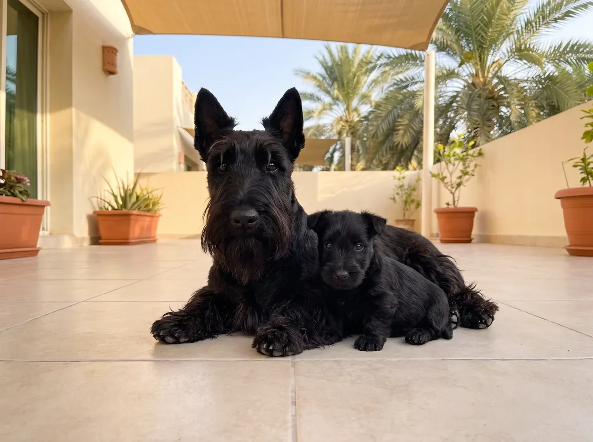 Scottish Terrier in Dubai, a black mother with one puppy on a shaded villa terrace under date palms