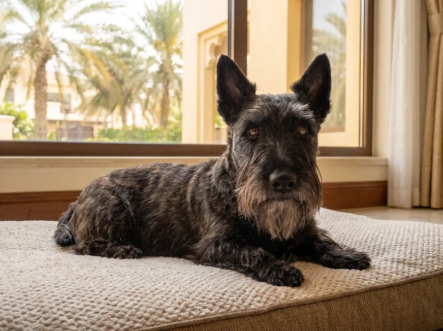 Scottish Terrier in Dubai, an older brindle dog with a greying beard on a padded bed by a window onto palms