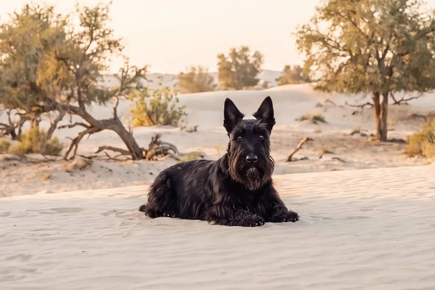 Scottish Terrier history, the breed today, a black adult lying on desert sand, Dubai, 2026