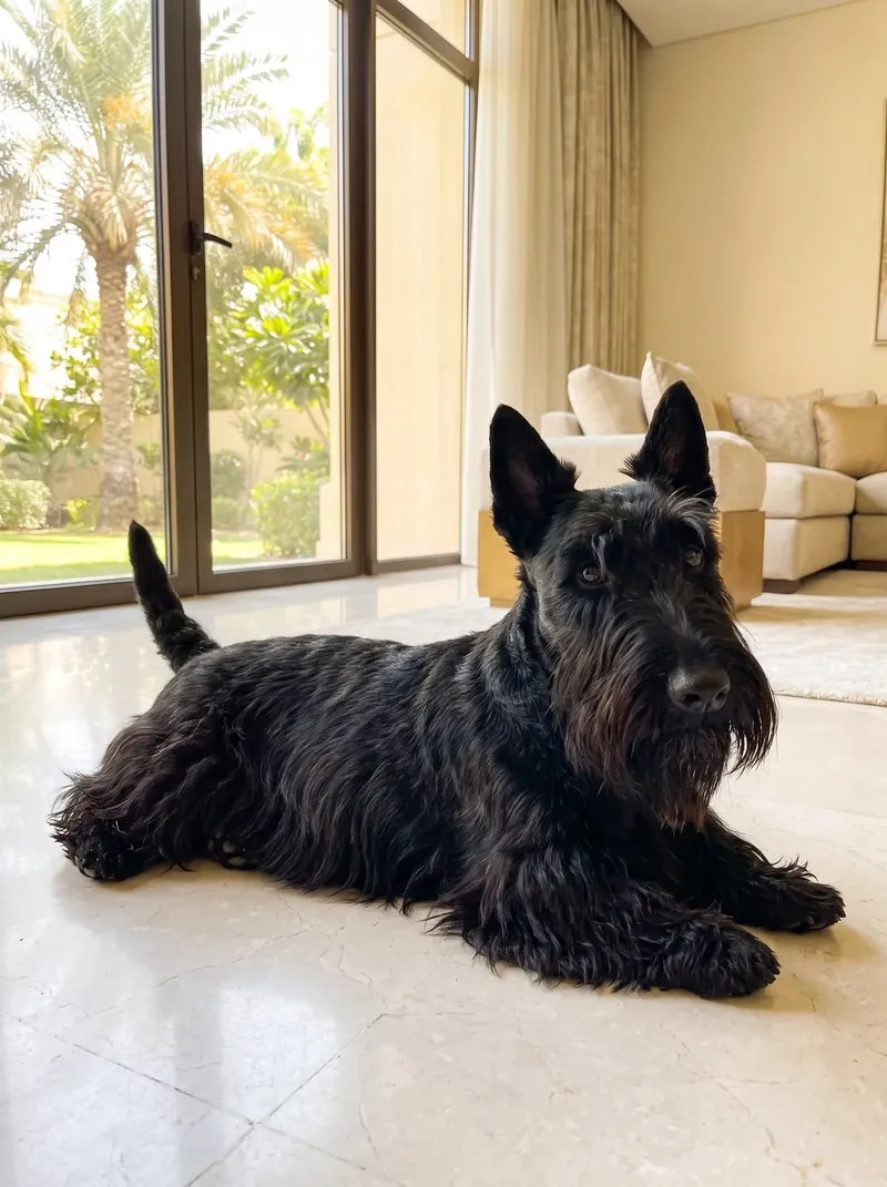 Scottish Terrier in Dubai, the same black adult lying on cool marble in a villa, palms through the window