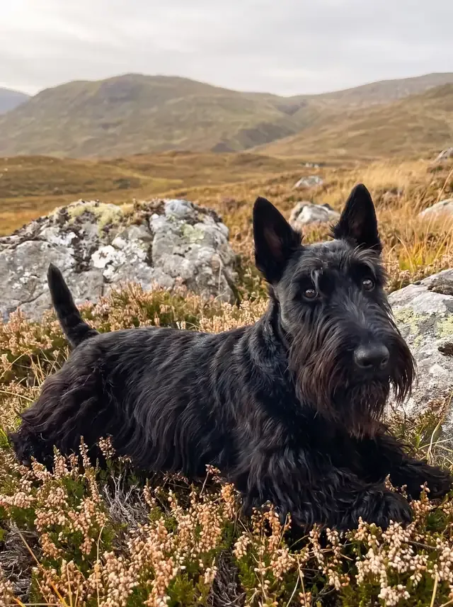 Scottish Terrier, a black adult lying among heather and grey rocks on a Scottish Highland hillside