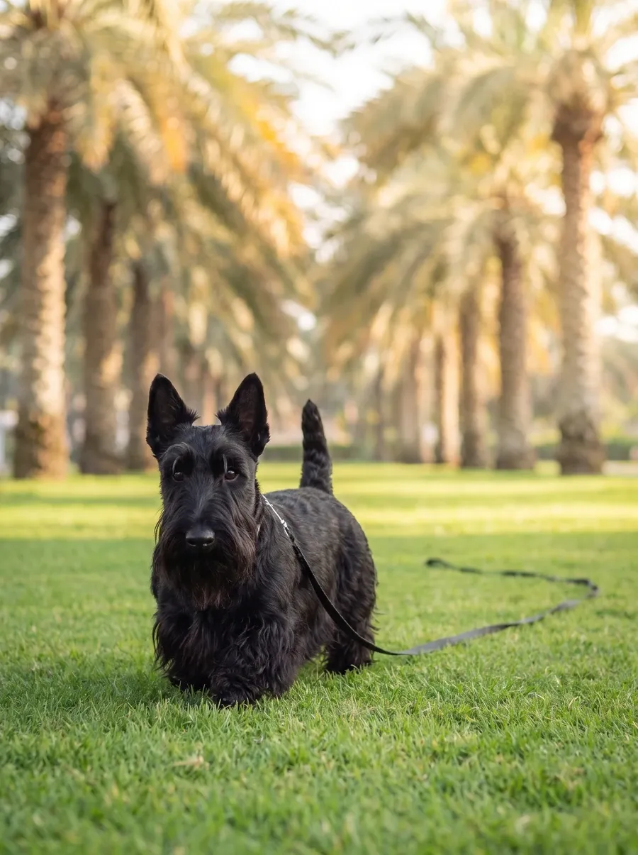 Scottish Terrier in Dubai, a black adult on a long loose line on a park lawn lined with date palms