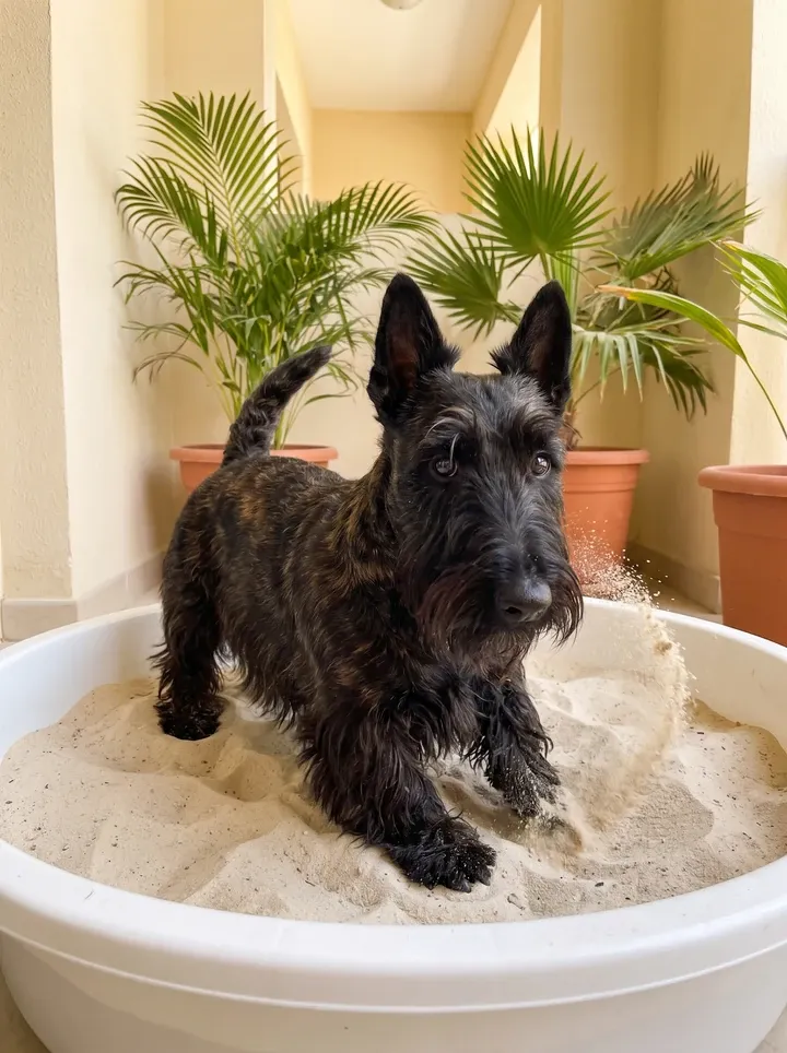 Scottish Terrier in Dubai, a brindle adult digging in a tub of play sand on a balcony with potted palms