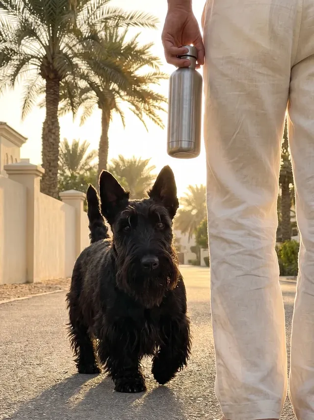 Scottish Terrier in Dubai, a black adult on a shaded path under date palms at dawn, a water bottle in hand