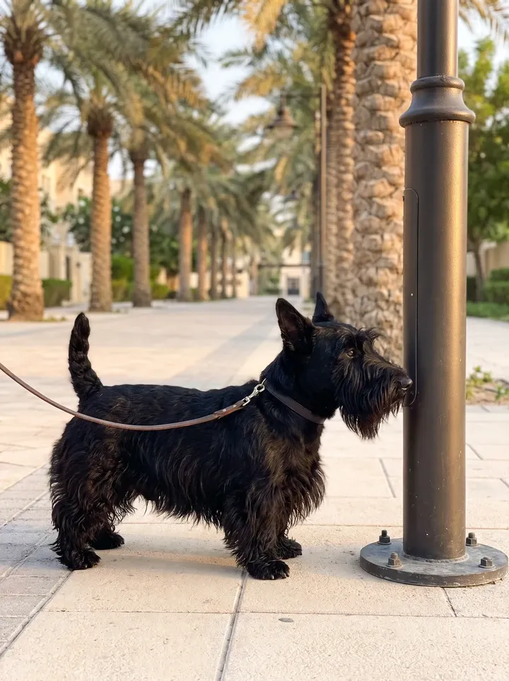 Scottish Terrier in Dubai, a black adult on a lead by a lamp post on a palm-lined morning walk