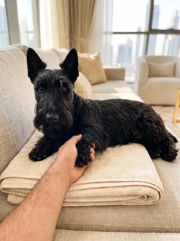 Scottish Terrier in Dubai, a black adult lying on a folded towel while a hand holds one front paw, the skyline behind