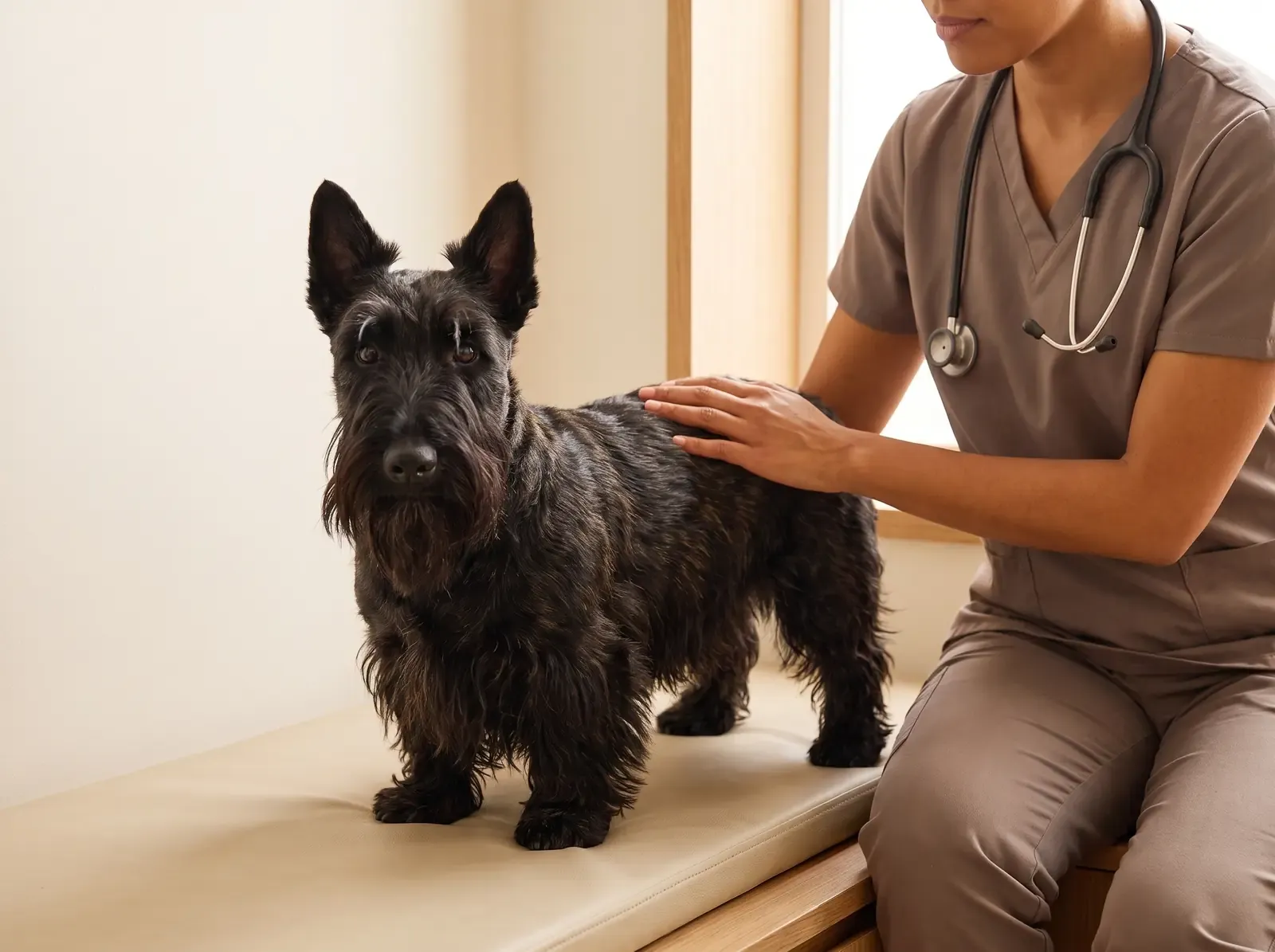 Scottish Terrier, a brindle adult standing on a padded bench as a vet in taupe scrubs rests a hand on their back