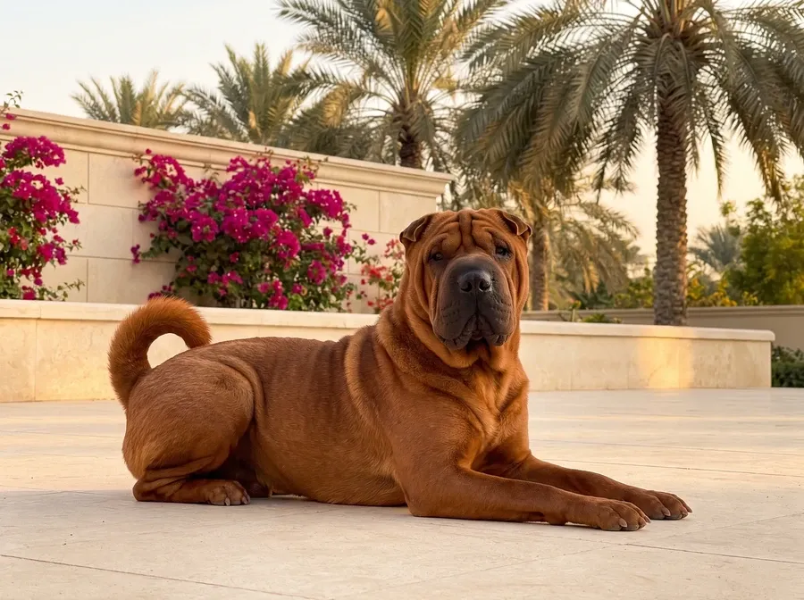 Shar Pei in Dubai, a red adult lying on a villa terrace with bougainvillea and date palms behind