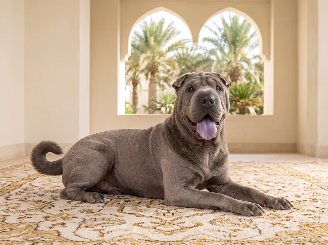 Shar Pei in Dubai, a blue adult lying on a rug in a majlis, a lavender tongue showing, palms beyond
