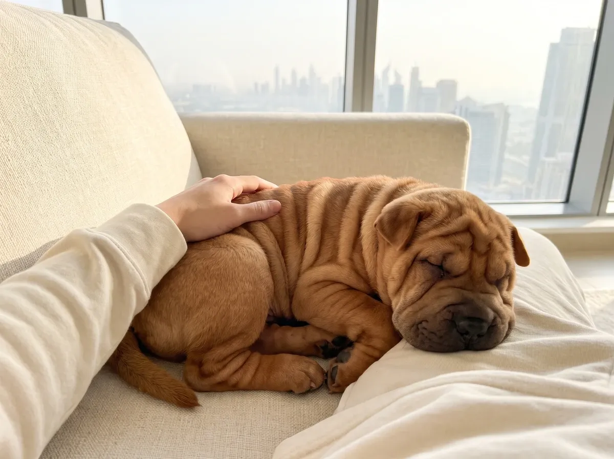 Shar Pei in Dubai, a red puppy asleep on a sofa as a hand rests on their back, the skyline behind