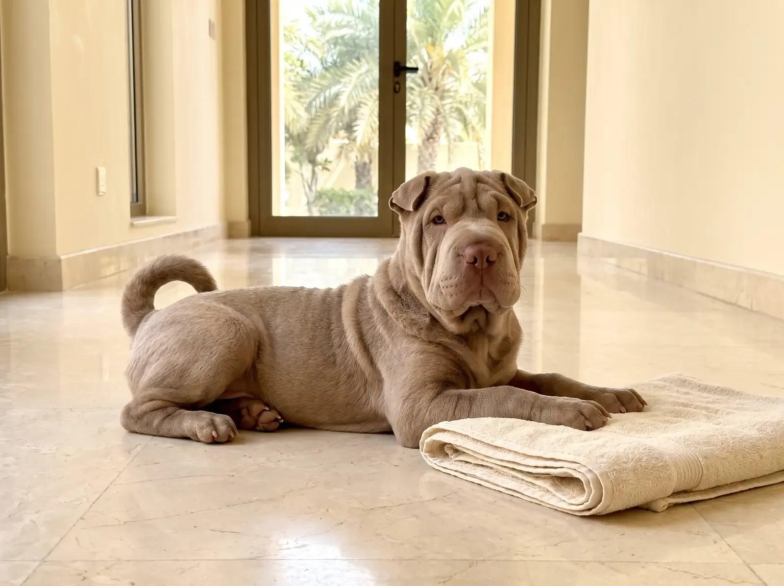 Shar Pei in Dubai, a lilac puppy lying on cool marble tiles beside a folded towel, palms through the door