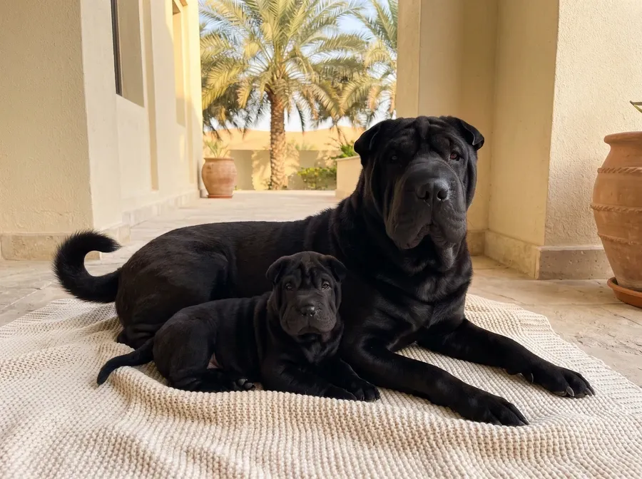 Shar Pei in Dubai, a black mother lying with one puppy on a shaded villa terrace with palms beyond