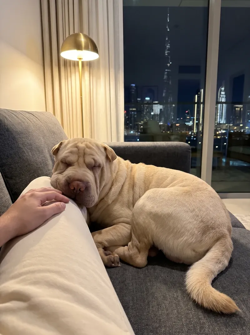 Shar Pei in Dubai, a cream adult asleep against a knee on a charcoal sofa, the lit skyline behind