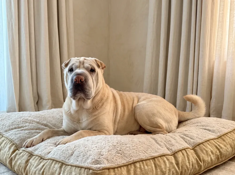 Shar Pei, an older cream dog with a softened, greying face resting on a cushioned bed