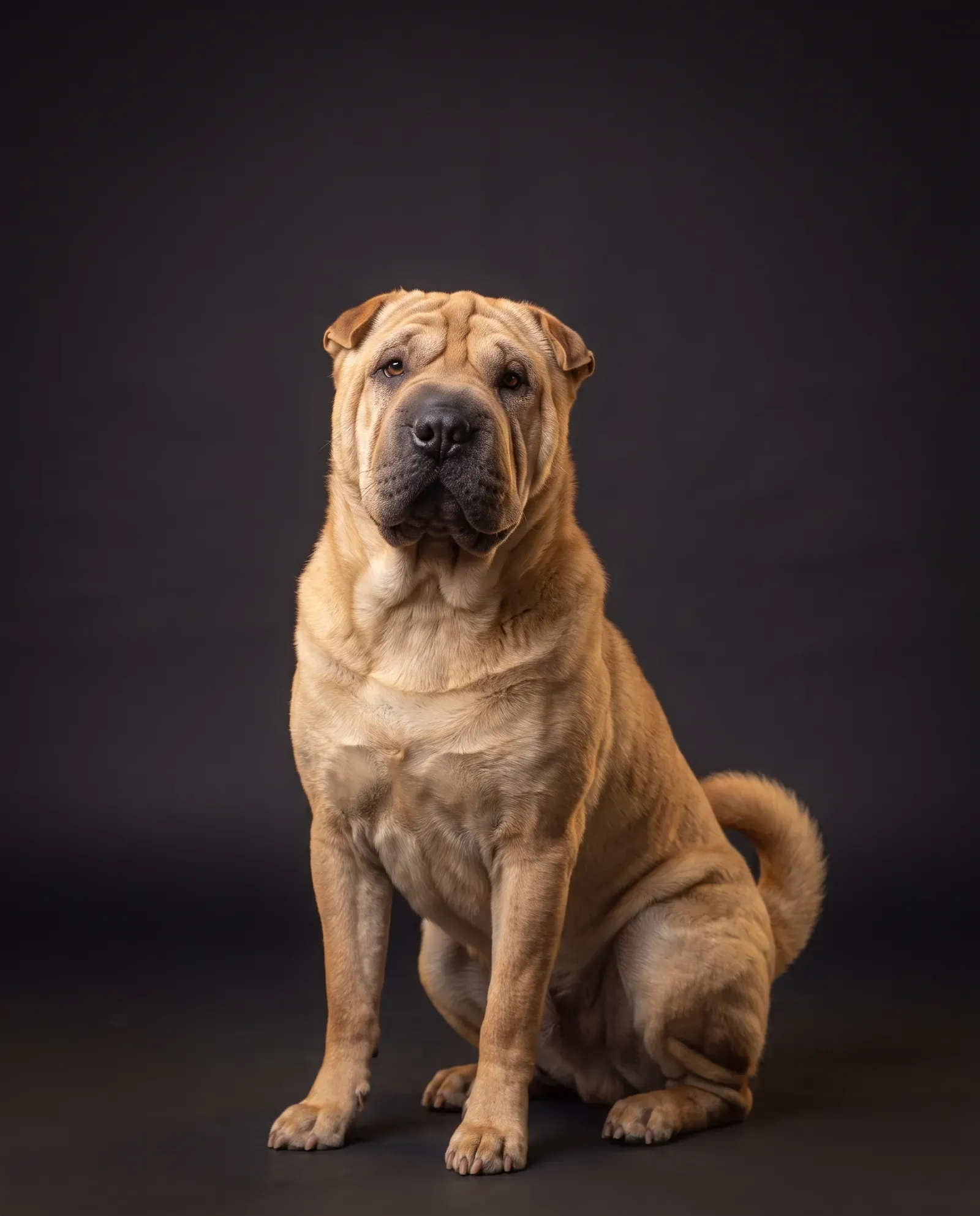 Shar Pei in Dubai, studio portrait of a calm fawn adult with deep folds on the face, sitting