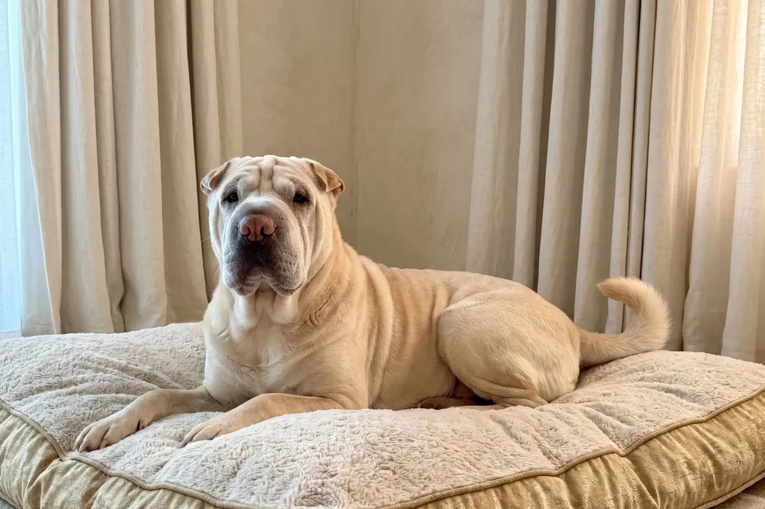 Shar Pei history, an older cream dog with a softened, greying face resting on a cushioned bed