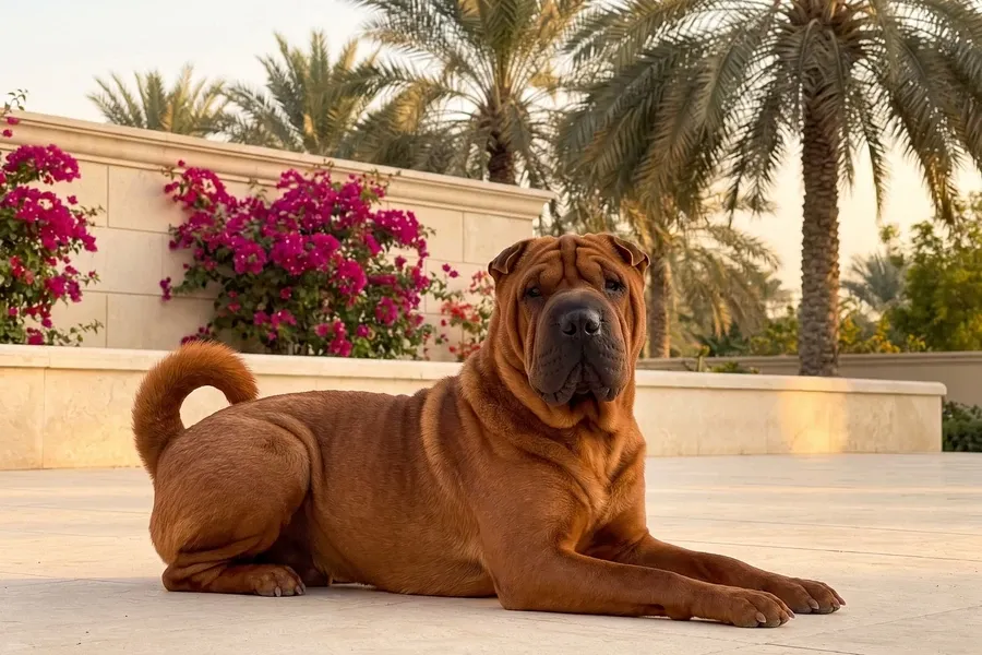 Shar Pei history, the breed today, a red adult lying on a villa terrace under date palms, Dubai, 2026
