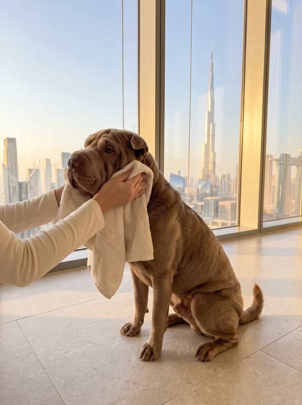 Shar Pei in Dubai, the same chocolate adult having their face folds dried with a towel, the skyline behind