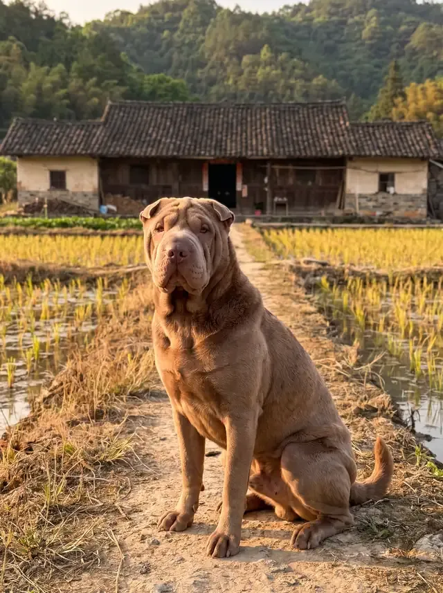 Shar Pei, a chocolate adult sitting on a path between rice paddies beside a tiled farmhouse