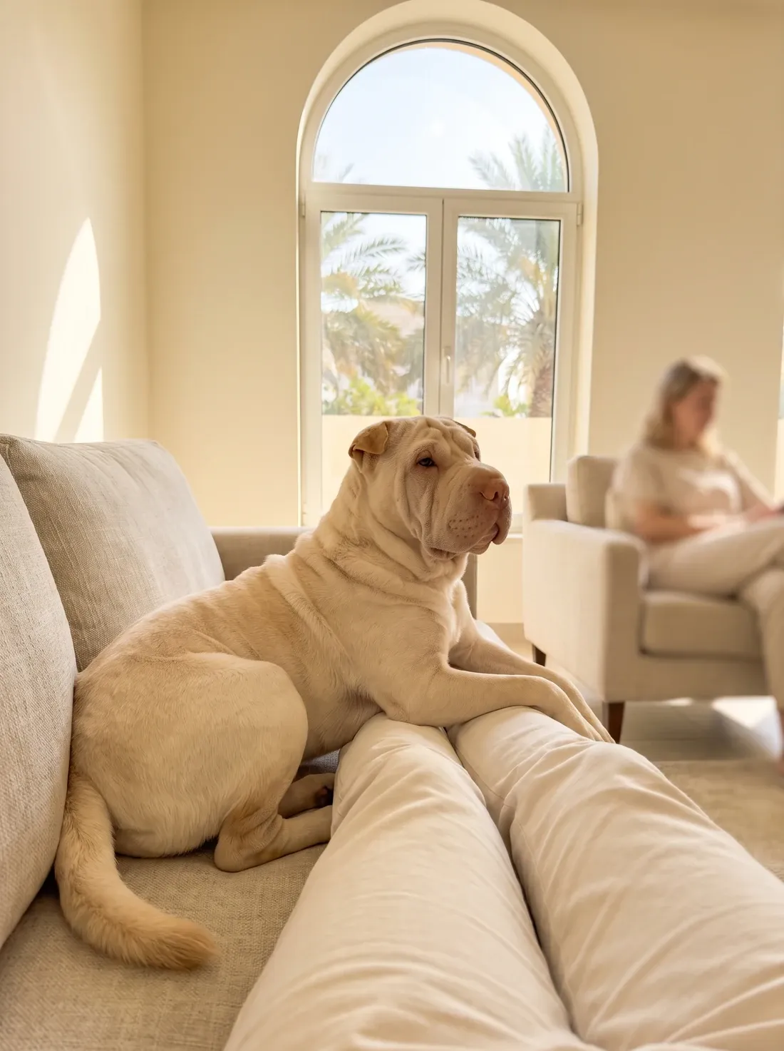 Shar Pei in Dubai, a cream adult resting on their person's legs on a sofa, a guest across the room, palms outside