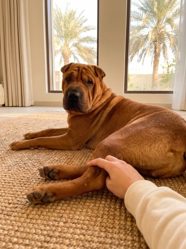 Shar Pei in Dubai, a red adult resting on a jute rug as a hand rests near the back leg, palms through the window