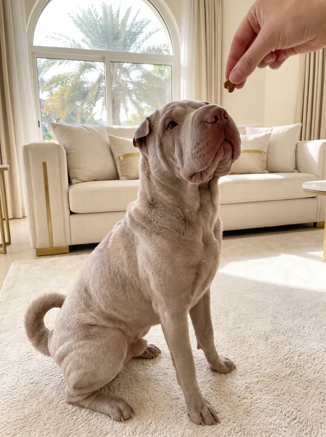Shar Pei in Dubai, a lilac adult sitting on a rug, looking up at a treat, palms through an arched window