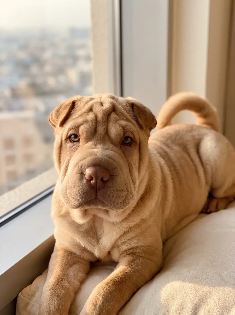 Shar Pei in Dubai, a close view of a fawn puppy's face and folds by a window above the city