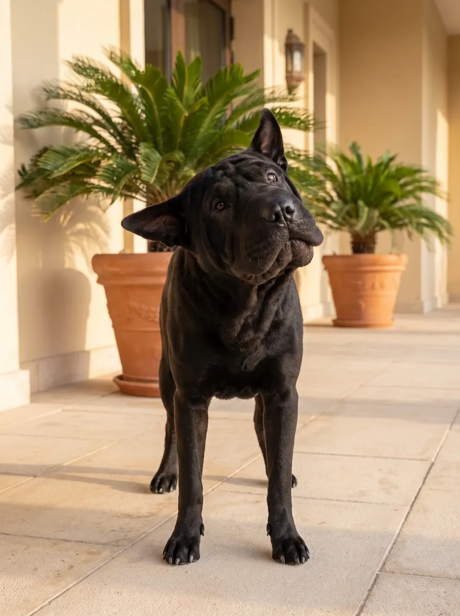 Shar Pei, a black adult mid head shake on a shaded villa terrace between potted palms