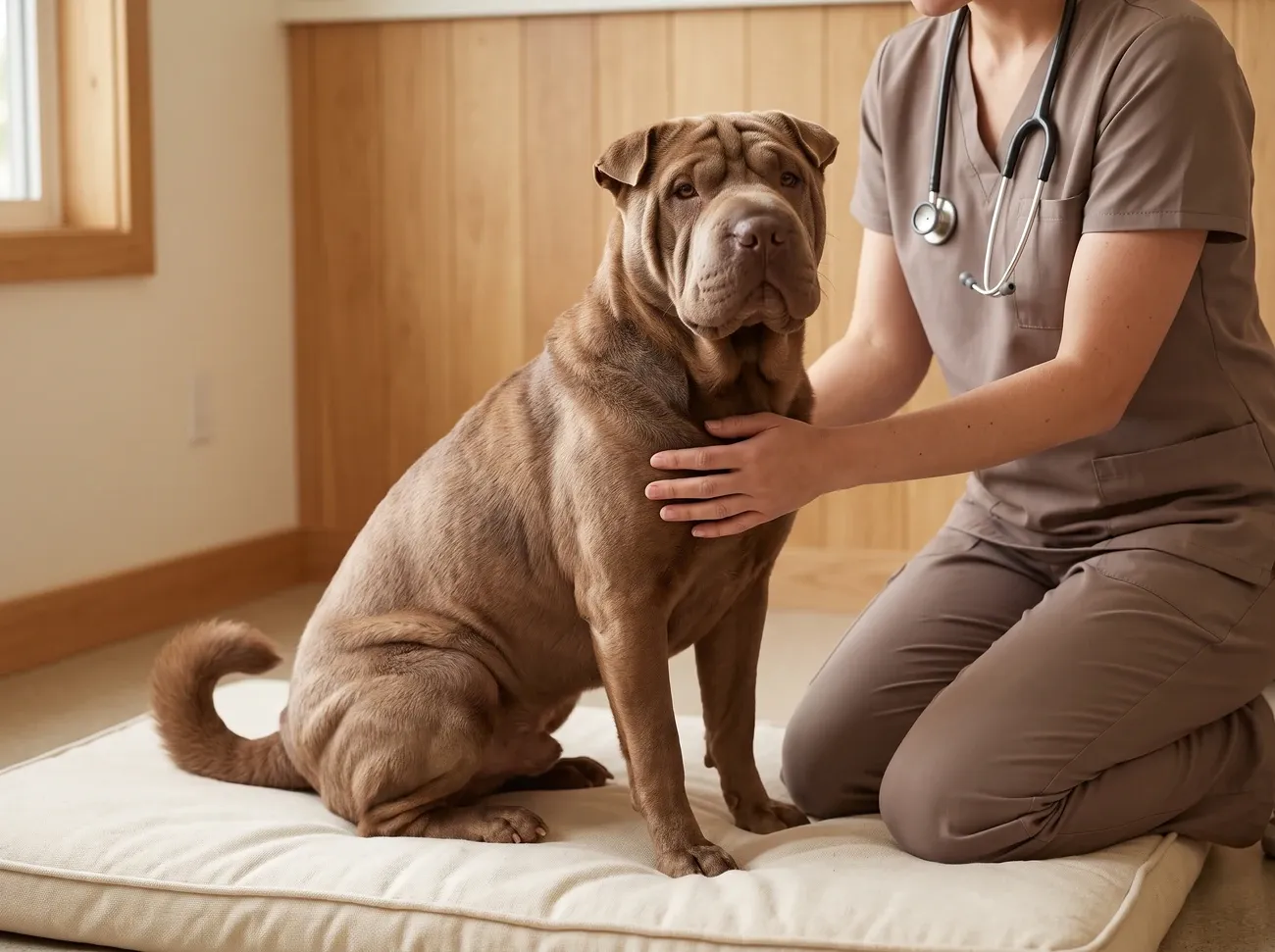 Shar Pei, a chocolate adult sitting on a padded mat as a vet in taupe scrubs rests a hand on their shoulder