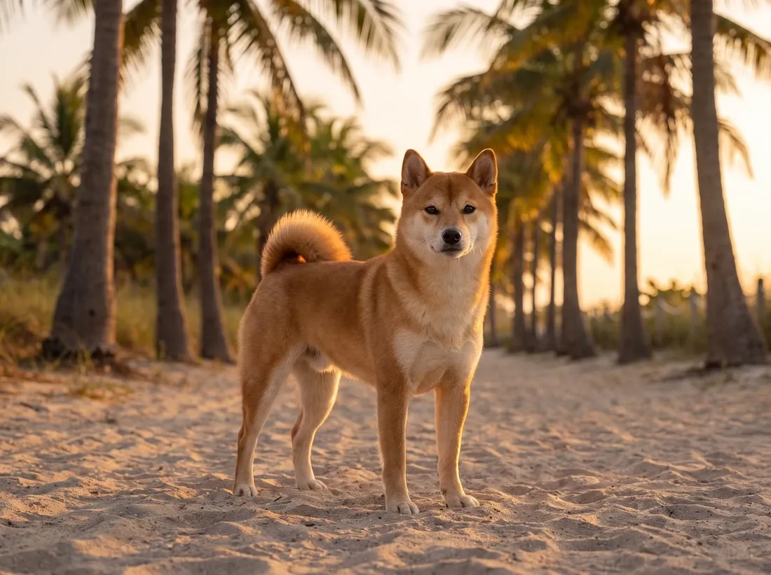Shiba Inu in Dubai, a red adult standing alert on a palm-lined sandy path at dawn, tail curled over the back