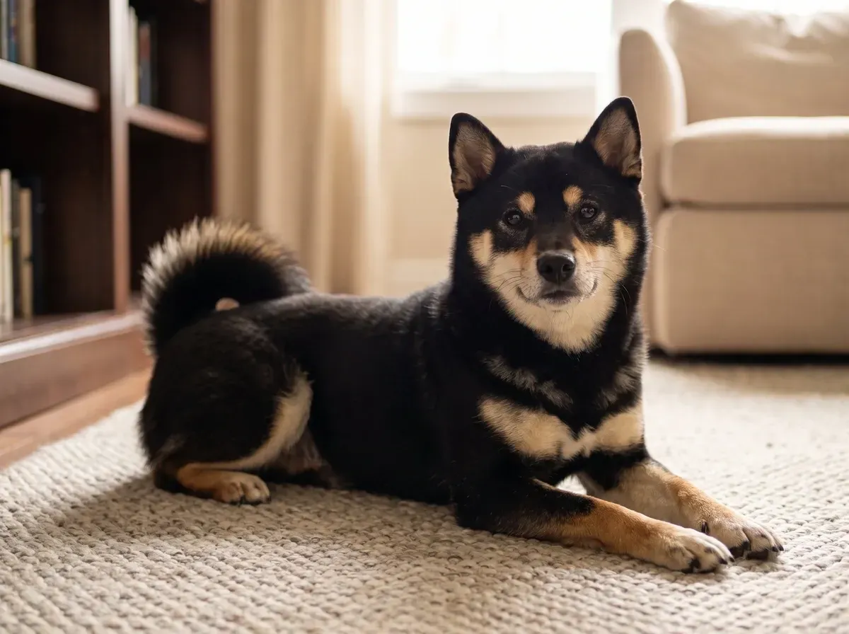 Shiba Inu, a black and tan adult lying on a stone-coloured rug in a study