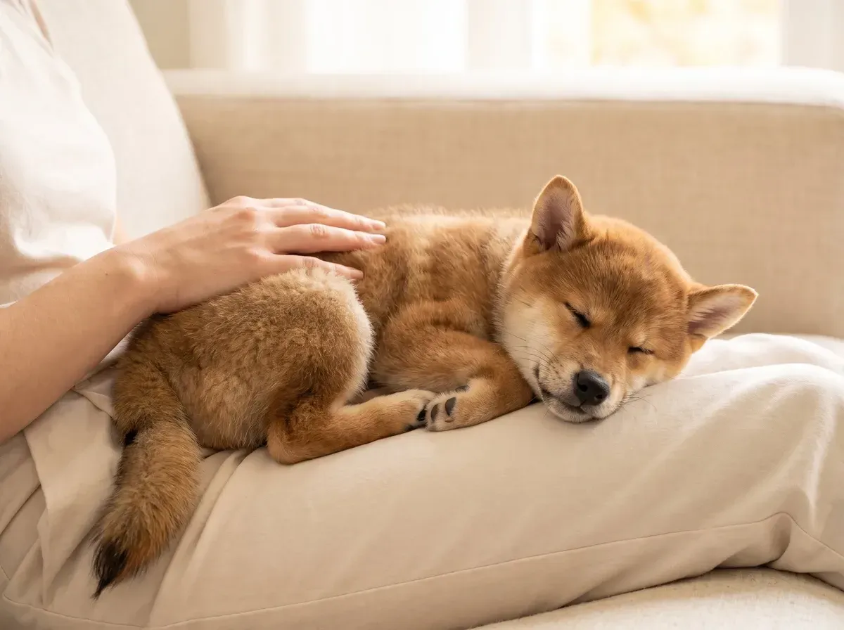 Shiba Inu, a red puppy asleep in a pet parent's lap on a linen sofa