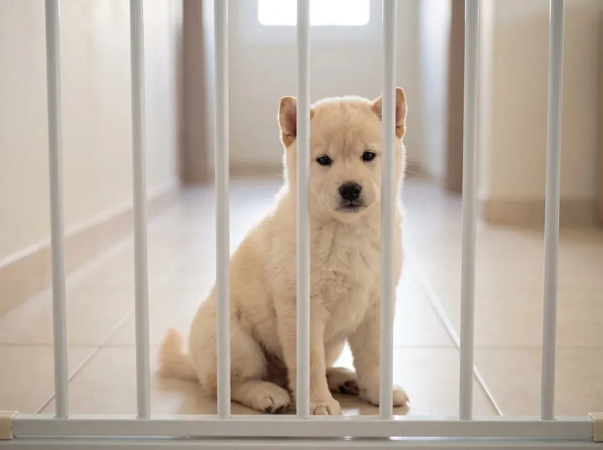 Shiba Inu, a cream puppy sitting behind a white baby gate in a tiled hallway
