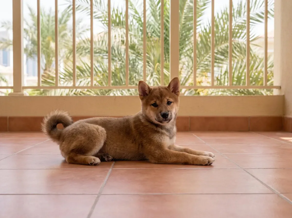 Shiba Inu in Dubai, a red puppy lying on a shaded balcony, palms behind the railing