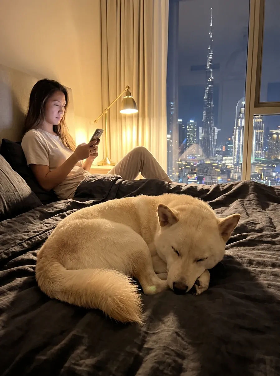 Shiba Inu in Dubai, a cream adult asleep at the foot of a bed at night, the skyline beyond