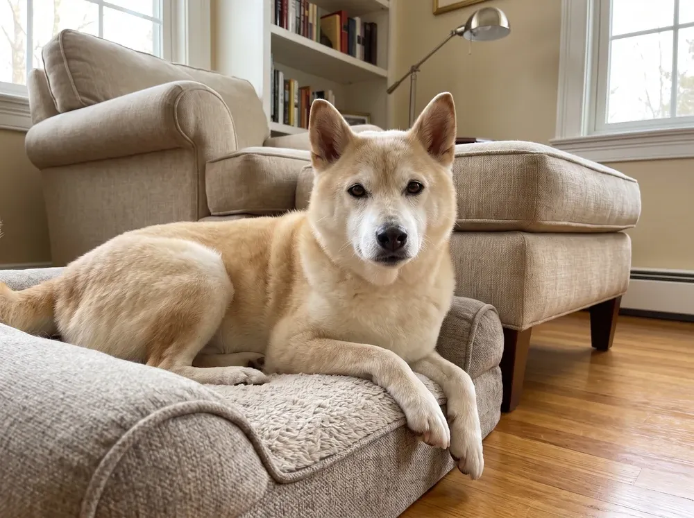 Shiba Inu, an older cream dog resting on a sofa in a sunny living room