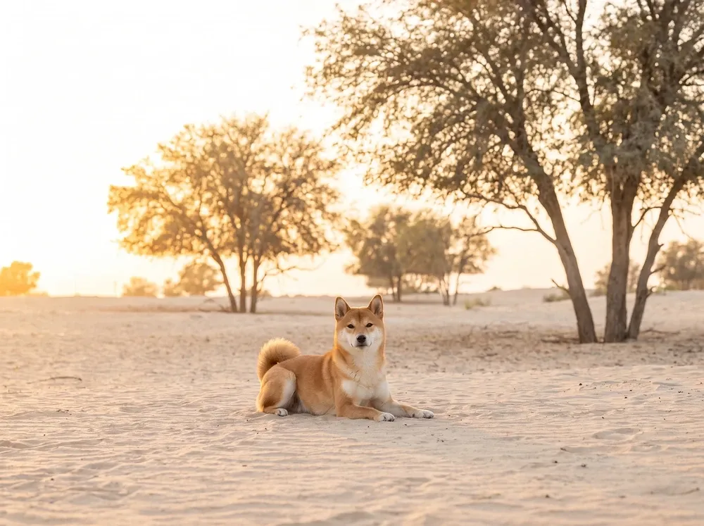 Shiba Inu history, the breed today, a red adult lying on pale sand at the desert edge at sunrise