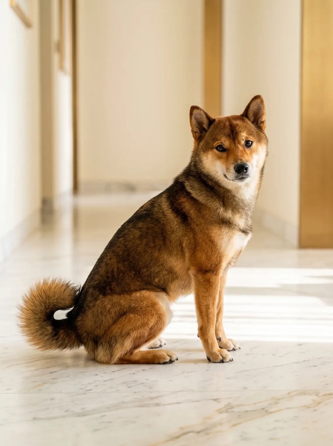 Shiba Inu, the same red adult sitting on a cool marble floor in a bright home