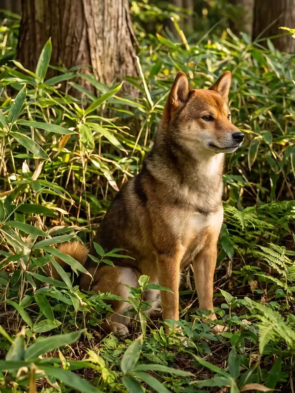Shiba Inu, a red adult sitting among bamboo and ferns on a wooded mountain slope