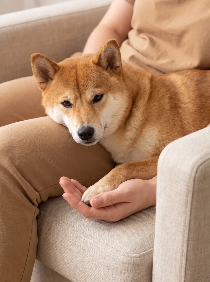 Shiba Inu, a red adult lying calmly across a pet parent's lap, one paw resting in a hand