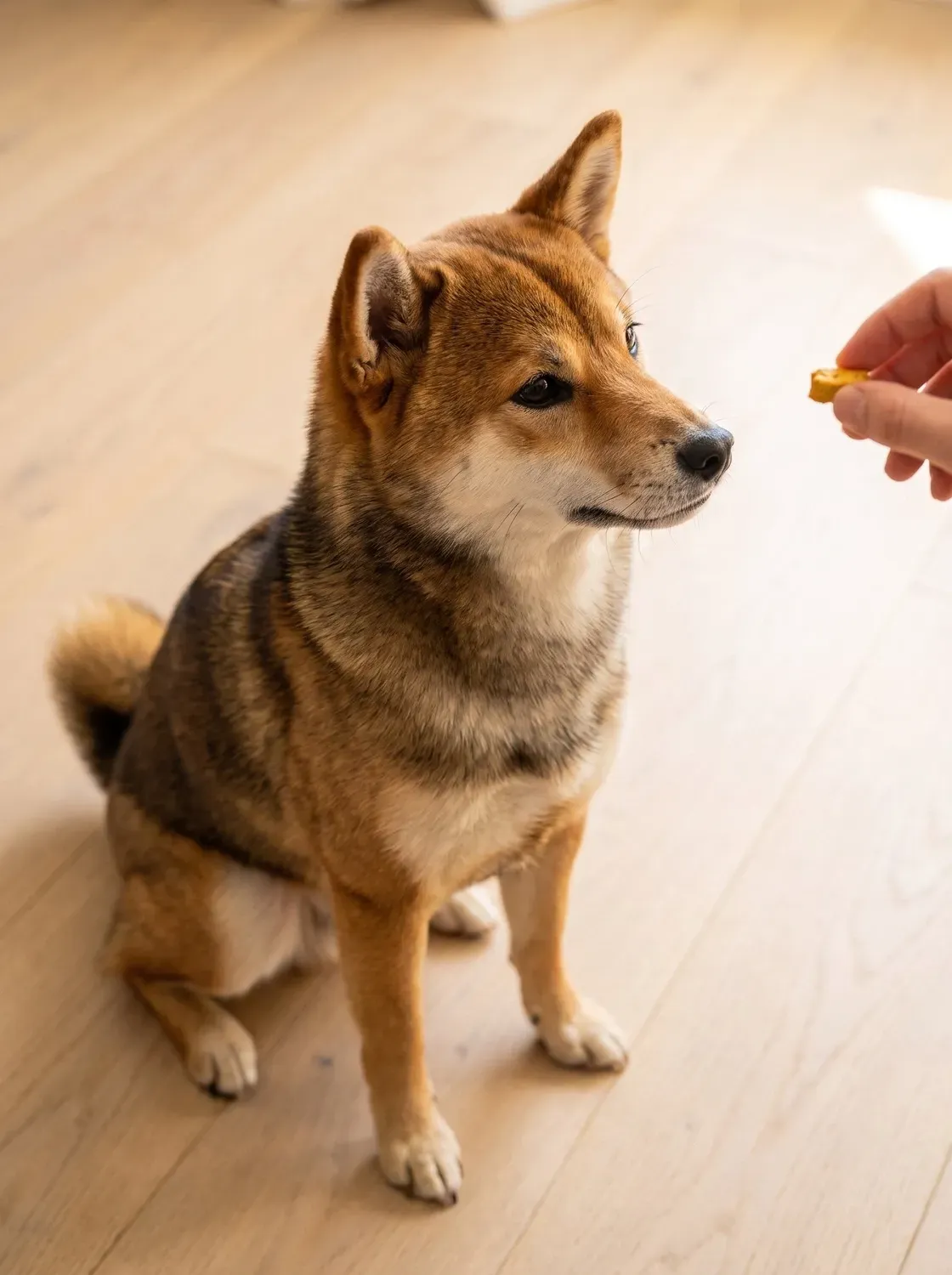 Shiba Inu, a sesame adult sitting on a living room floor, eyeing a treat in a pet parent's hand