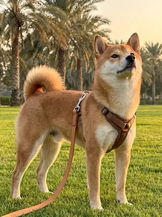 Shiba Inu in Dubai, a red adult on a long line in a park lined with date palms, nose lifted to a scent