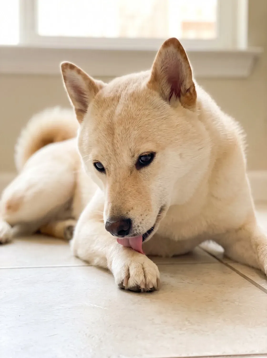 Shiba Inu, a cream adult lying on cool kitchen tiles, licking one front paw