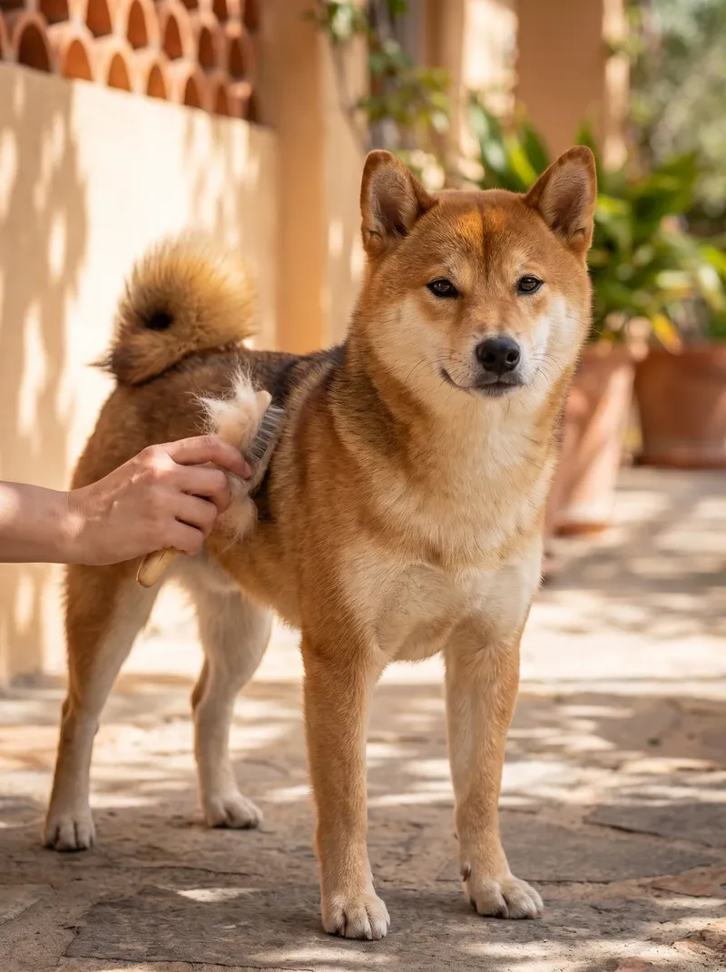 Shiba Inu, a pet parent brushing loose undercoat from a red adult on a shaded terrace