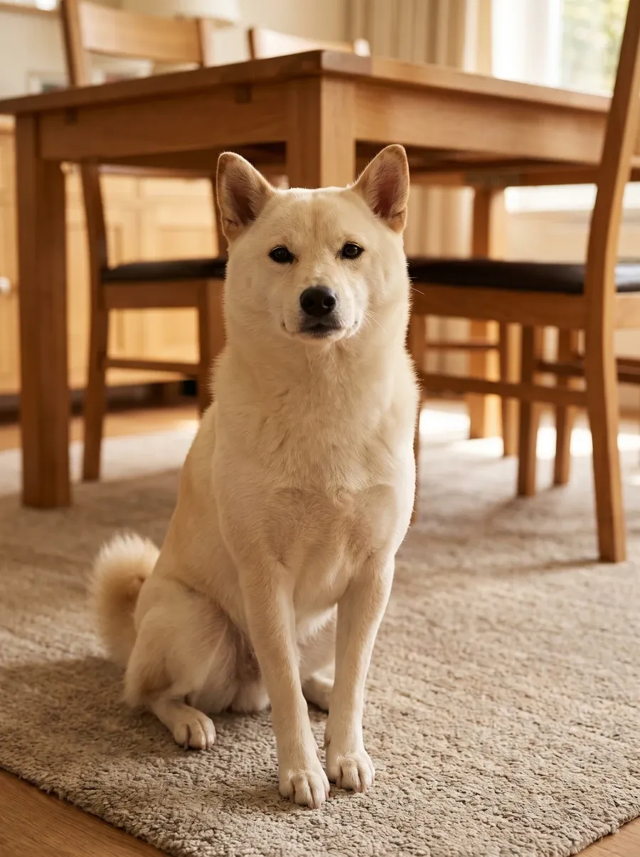 Shiba Inu, a cream adult sitting neatly on a rug in a dining room, watching across the room