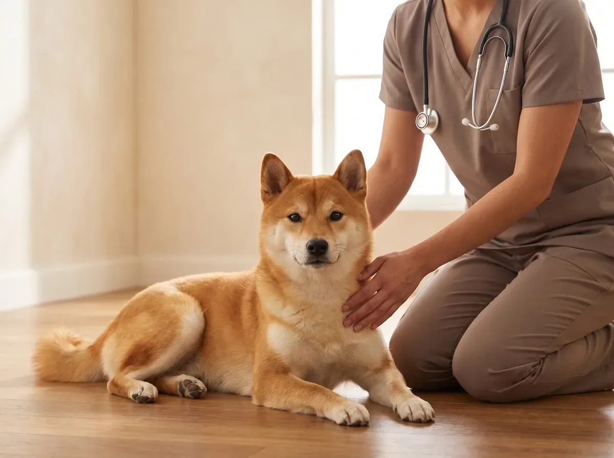Shiba Inu, a red adult lying beside a vet in taupe scrubs, a hand on the dog's shoulder